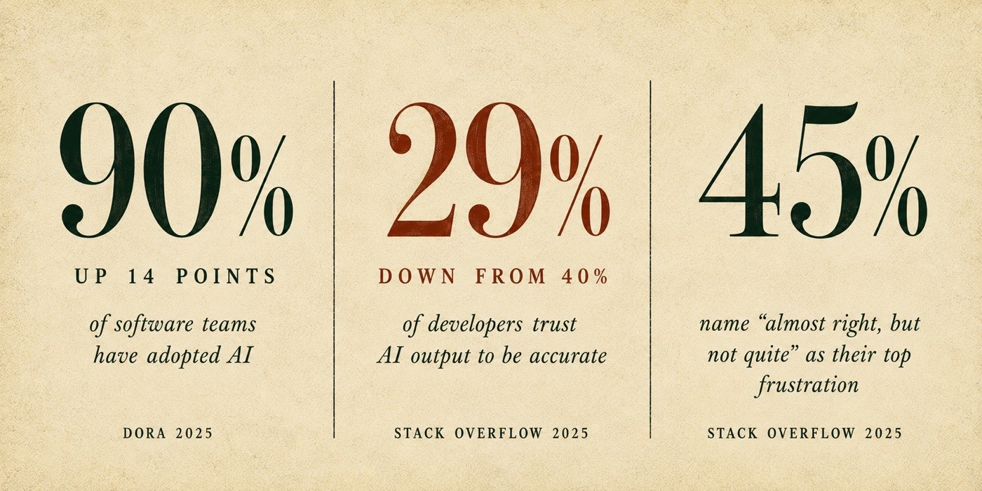 90% of software teams have adopted AI, up 14 points (DORA 2025). 29% of developers trust AI output to be accurate, down from 40% (Stack Overflow 2025). 45% name "almost right, but not quite" as their top frustration (Stack Overflow 2025).