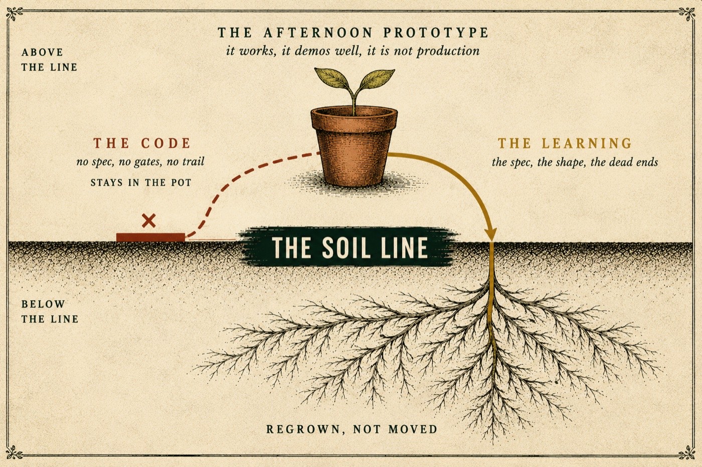 Above the line, the afternoon prototype in a pot. The code (no spec, no gates, no trail) stops dead at the line and stays in the pot. The learning (the spec, the shape, the dead ends) crosses the line and becomes the taproot of a full root system below. Regrown, not moved.